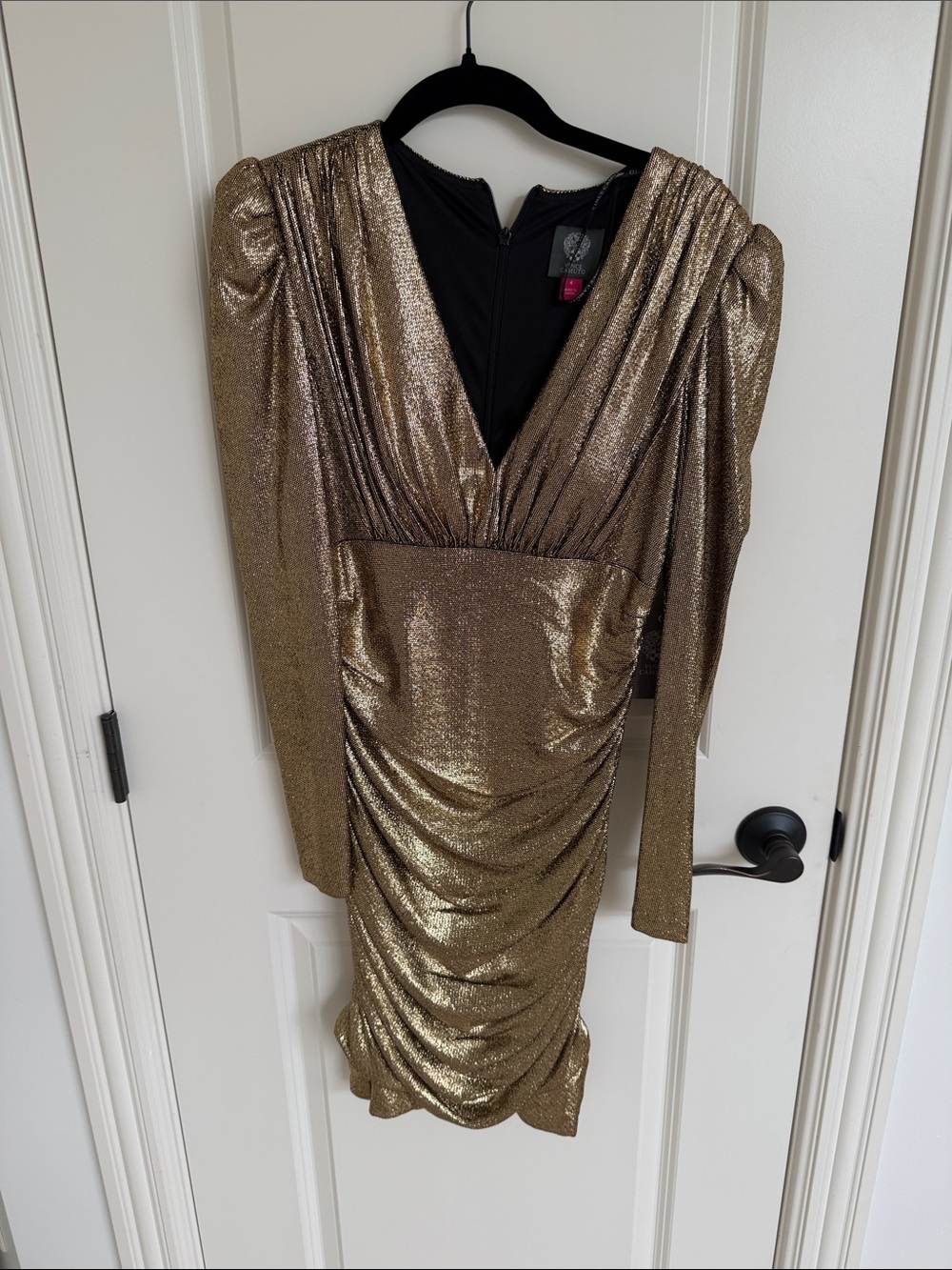 Vince Camuto Metallic Gold Long Sleeve V-Neck Ruched Dress